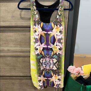 Bebe Yellow and Purple Asymmetrical Graphic Dress